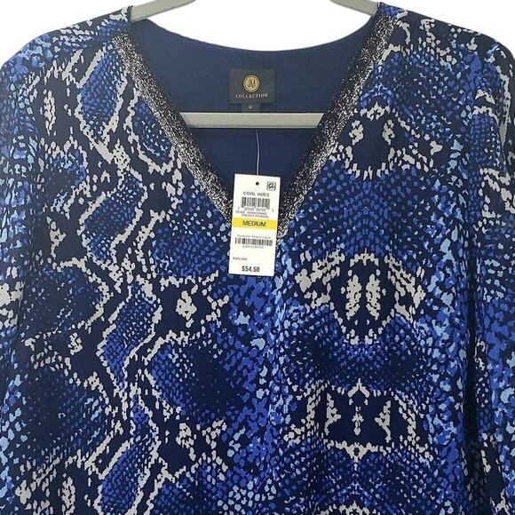 JM Collection Blouse Size M Blue Python Print VNeck Shimmer Trim Flowy Lined NWT - Picture 3 of 5